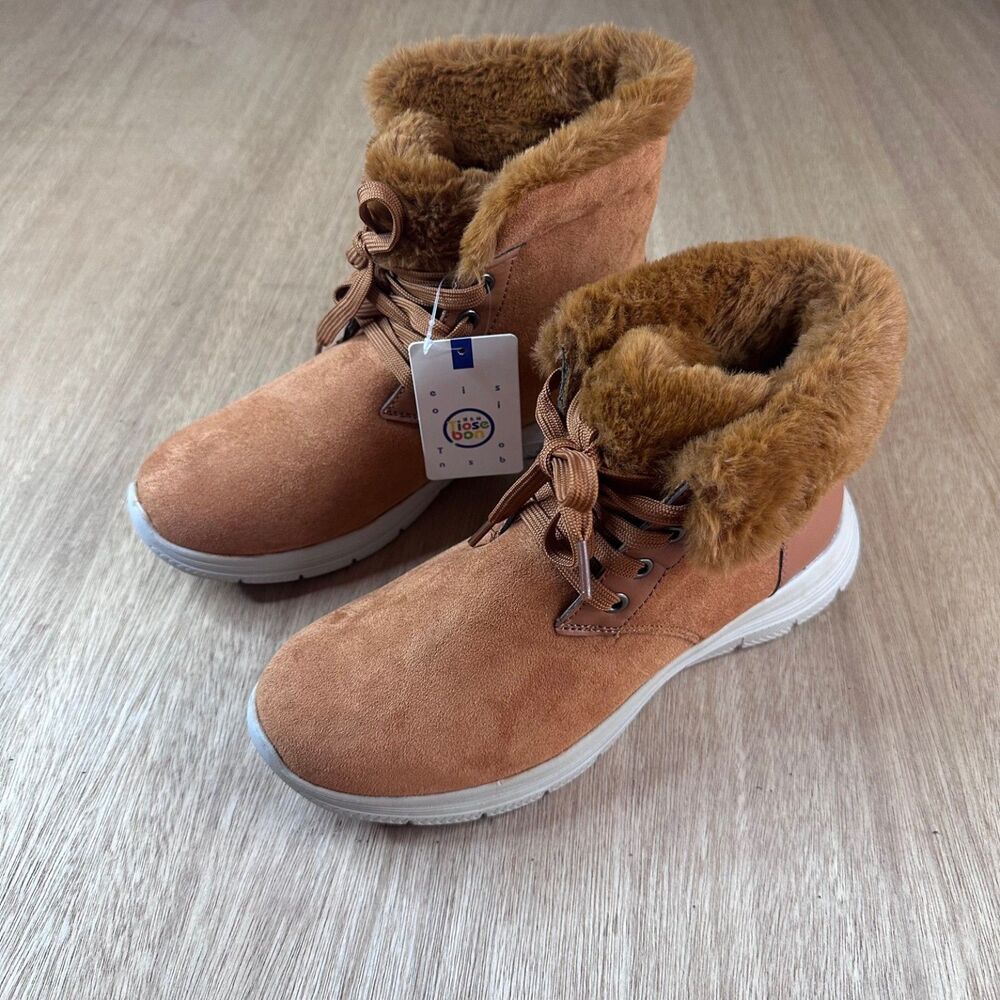 Tiosebon Women's 38 US 7.5-8 Tan Faux Suede Fur Lined Winter Boots NEW Cozy Warm